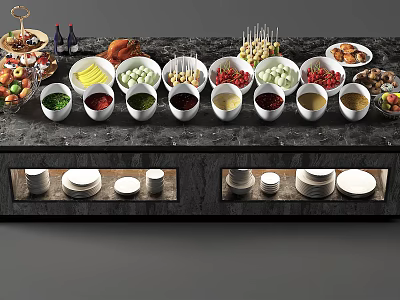Buffet Table With Assorted Foods Bowls Plates And Culinary 3d model