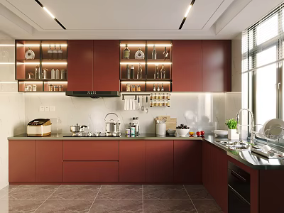 Modern Kitchen Interior With Red Cabinets Glass Door Upper Cabinets And Countertop Appliances 3d model
