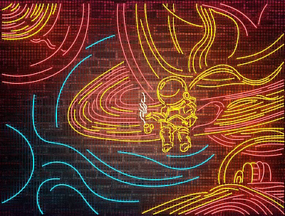 Neon Style Decorative Lights With Astronaut Figure And Colorful Curved Lines On Brick Wall 3d model