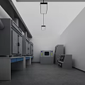 Spacious Industrial Warehouse Interior With Large Gray Equipment And Hanging Lights