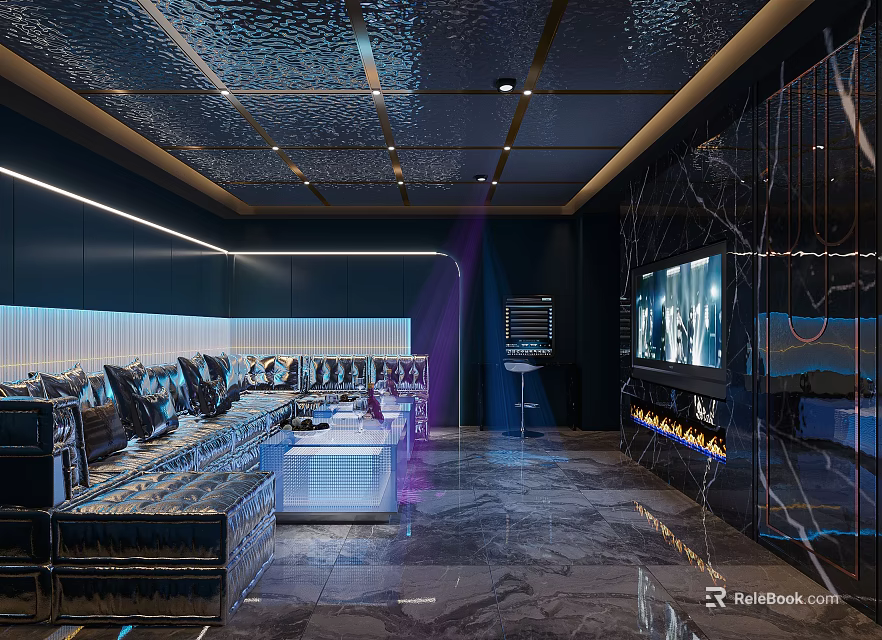 Modern Luxury KTV Lounge With Ambient Lighting Comfortable Seating And Glossy Bar Counter 3d model 