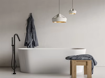 White Bathtub With Black Faucet Hanging Gray Towel Two Pendant Lights And Wooden Stool 3d model
