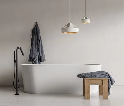 White Bathtub With Black Faucet Hanging Gray Towel Two Pendant Lights And Wooden Stool 3d model