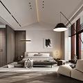 Modern Bedroom Interior Design With Large Window Wooden Bed Frame Floor Lamp And Green Plants