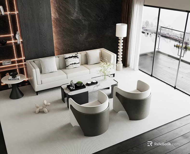 Modern Light Colored Sofa And Coffee Table Set With Accent Chairs Floor Lamp And Vase 3d model 