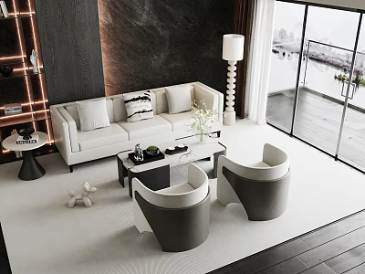 Modern Light Colored Sofa And Coffee Table Set With Accent Chairs Floor Lamp And Vase 3d model