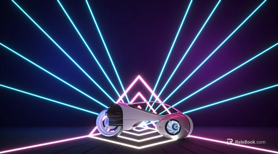 Futuristic Vehicle With Neon Glowing Lines And Geometric Triangle Background 3d model 
