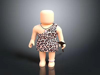 Cartoon Caveman Character in Leopard Print Outfit with Necklace holding Stone Tool on Dark Background 3d model