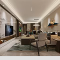 Elegant Modern Living and Dining Room Interior With TV Wall Landscape Painting Sofa and Rug