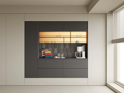Modern Gray Sideboard With Glass Doors Drawers Tile Backsplash And Coffee Machine 3d model