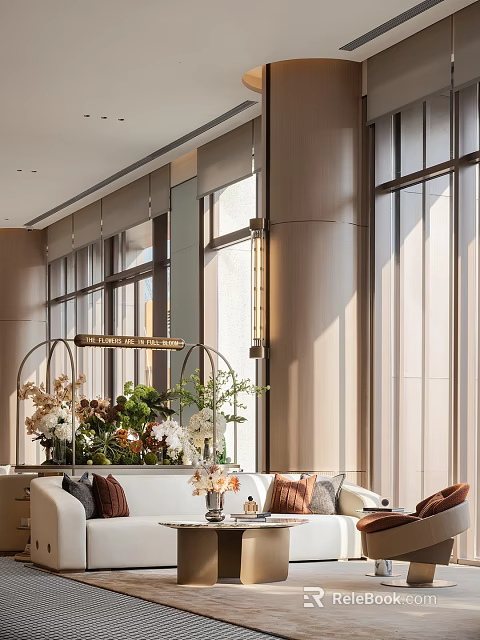 Modern Hotel Public Lounge With Natural Light Large Windows Green Plant Decor And Comfortable Sofas 3d model 