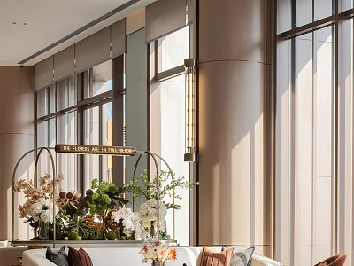 Modern Hotel Public Lounge With Natural Light Large Windows Green Plant Decor And Comfortable Sofas 3d model