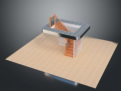 Building Model Featuring Wooden Staircase And Platform With Railing On Light Colored Floor 3d model
