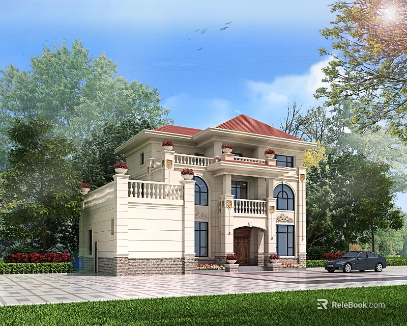 Elegant Detached Villa Exterior With Red Roof Trees Lawn Driveway And Car 3d model 