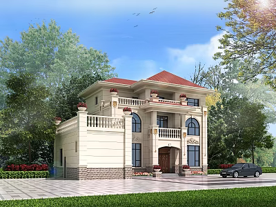 Elegant Detached Villa Exterior With Red Roof Trees Lawn Driveway And Car 3d model