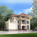 Elegant Detached Villa Exterior With Red Roof Trees Lawn Driveway And Car
