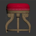 Red Padded Round Stool With Rivet Details And Wooden Curved Legs