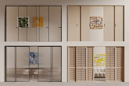 sliding door wooden sliding door glass sliding door kitchen door children decorative painting 3d model