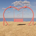 Pink Heart Shaped Playground Swing On Beach With Blue Sky And Sea
