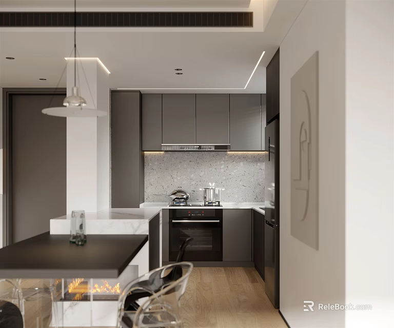 Modern Dining Kitchen Interior With Gray Cabinets Pendant Lights Dining Table And Chairs 3d model