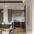 Modern Dining Kitchen Interior With Gray Cabinets Pendant Lights Dining Table And Chairs 3d model