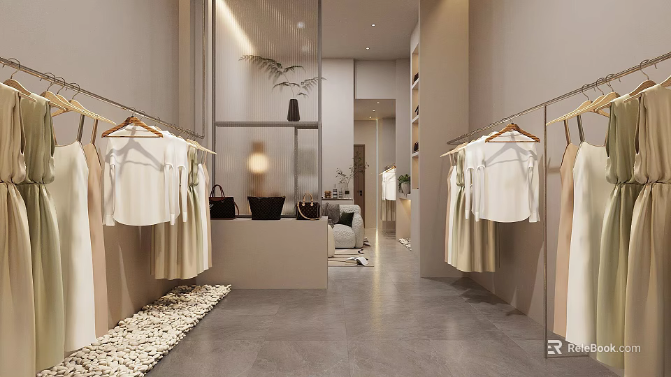 Minimalist Clothing Store Interior With Open Space White Dresses Display Area And Pebble Floor 3d model 