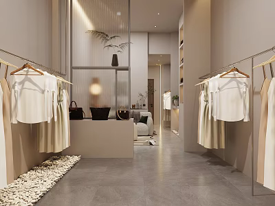 Minimalist Clothing Store Interior With Open Space White Dresses Display Area And Pebble Floor 3d model