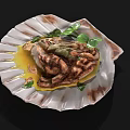 Roasted Chicken Dish with Fresh Basil Parsley and Yellow Sauce on Shell Shaped Plate