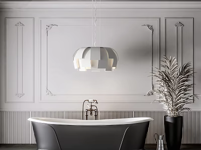 Elegant Black Bathtub With Faucet White Paneled Striped Walls Pendant Light And Potted Plant 3d model
