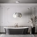 Elegant Black Bathtub With Faucet White Paneled Striped Walls Pendant Light And Potted Plant