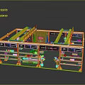 Yellow Exhibition Booth Interior With Shelves Brand Logo And Green Plants Display Space