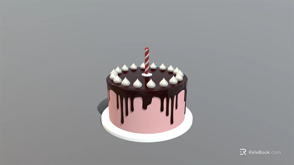 Pink Birthday Cake With Chocolate Drizzle And White Cream Decorations Topped With Single Candle 3d model 