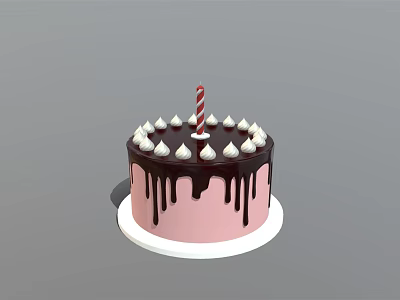 Pink Birthday Cake With Chocolate Drizzle And White Cream Decorations Topped With Single Candle 3d model