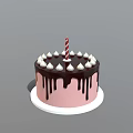 Pink Birthday Cake With Chocolate Drizzle And White Cream Decorations Topped With Single Candle