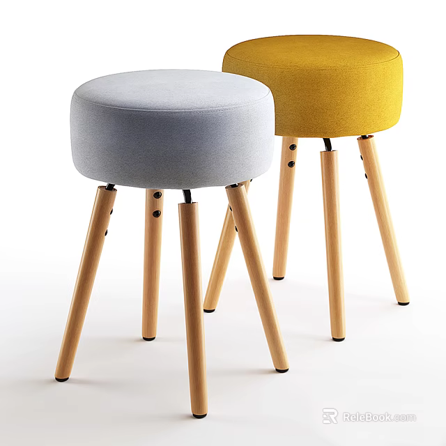Modern Gray And Yellow Stools With Upholstered Seats And Wooden Legs 3d model 