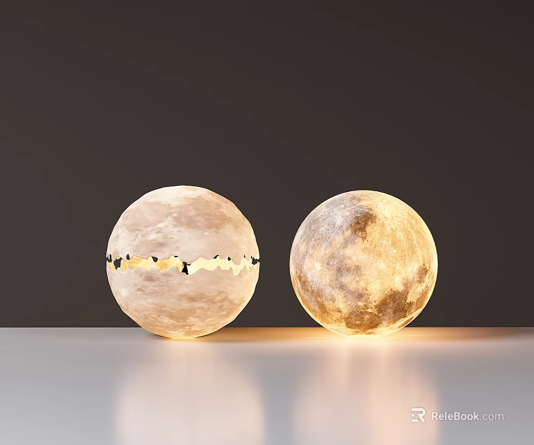 Pair of Spherical Floor Lamps with Moon Surface Texture Illuminated and Dimmed on White Tabletop 3d model 