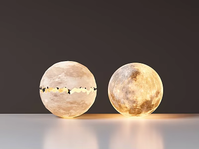 Pair of Spherical Floor Lamps with Moon Surface Texture Illuminated and Dimmed on White Tabletop 3d model
