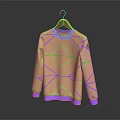 Beige Sweater With Purple Trim Green Geometric Patterns On Wooden Hanger And Reflection