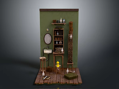 Mini Room Interior With Green Wall Wooden Shelf Mirror Sink Stool And Yellow Doll 3d model