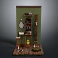 Mini Room Interior With Green Wall Wooden Shelf Mirror Sink Stool And Yellow Doll