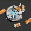 Cartoon Scene With Playful Robot In Purple White Device And Floating Orange Drink Cans