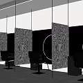 Modern Hair Salon Interior Design With Black Styling Chairs Patterned Partition Screens And Mirrors