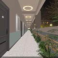 Modern Elevator Corridor With Dark Doors Circular Ceiling Lights Green Plants And Wooden Railings