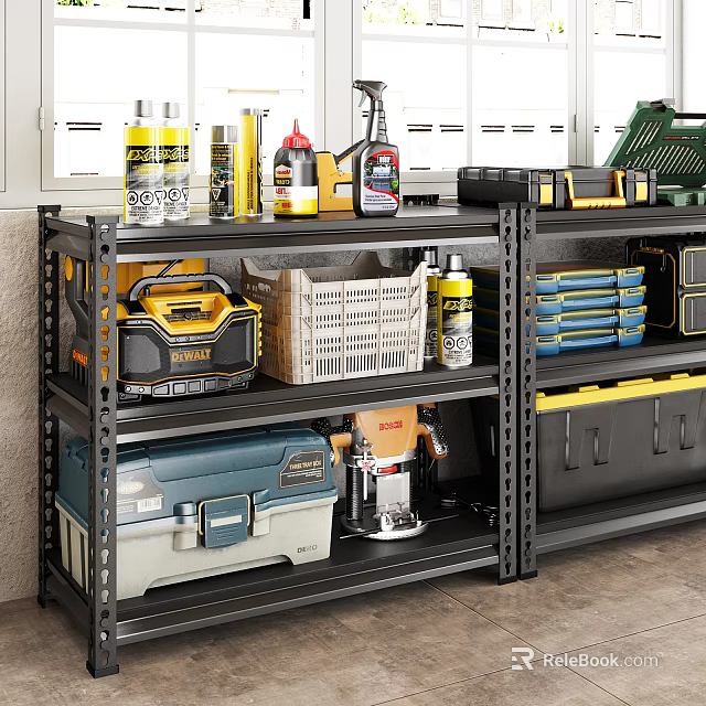 Organized Garage Storage Space With Metal Shelves Toolboxes Plastic Baskets And Cleaning Supplies 3d model 