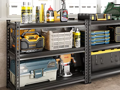 Organized Garage Storage Space With Metal Shelves Toolboxes Plastic Baskets And Cleaning Supplies 3d model