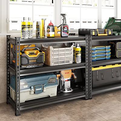Organized Garage Storage Space With Metal Shelves Toolboxes Plastic Baskets And Cleaning Supplies 3d model