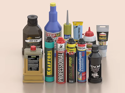 Collection Of Adhesive Bottles And Tool Containers For Daily Use 3d model