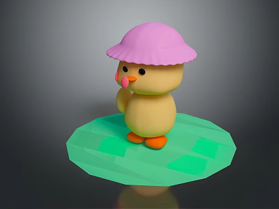 Cute Cartoon Chick Game Character Wearing Pink Hat Standing On Green Platform 3D Model Design 3d model