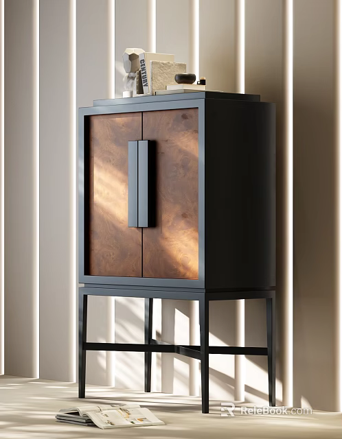 Modern Entryway Side Cabinet With Wooden Door Panel And Black Metal Frame Design 3d model 
