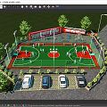 Outdoor Basketball Court With Fenced Area Green Surface Parking Trees And Lighting
